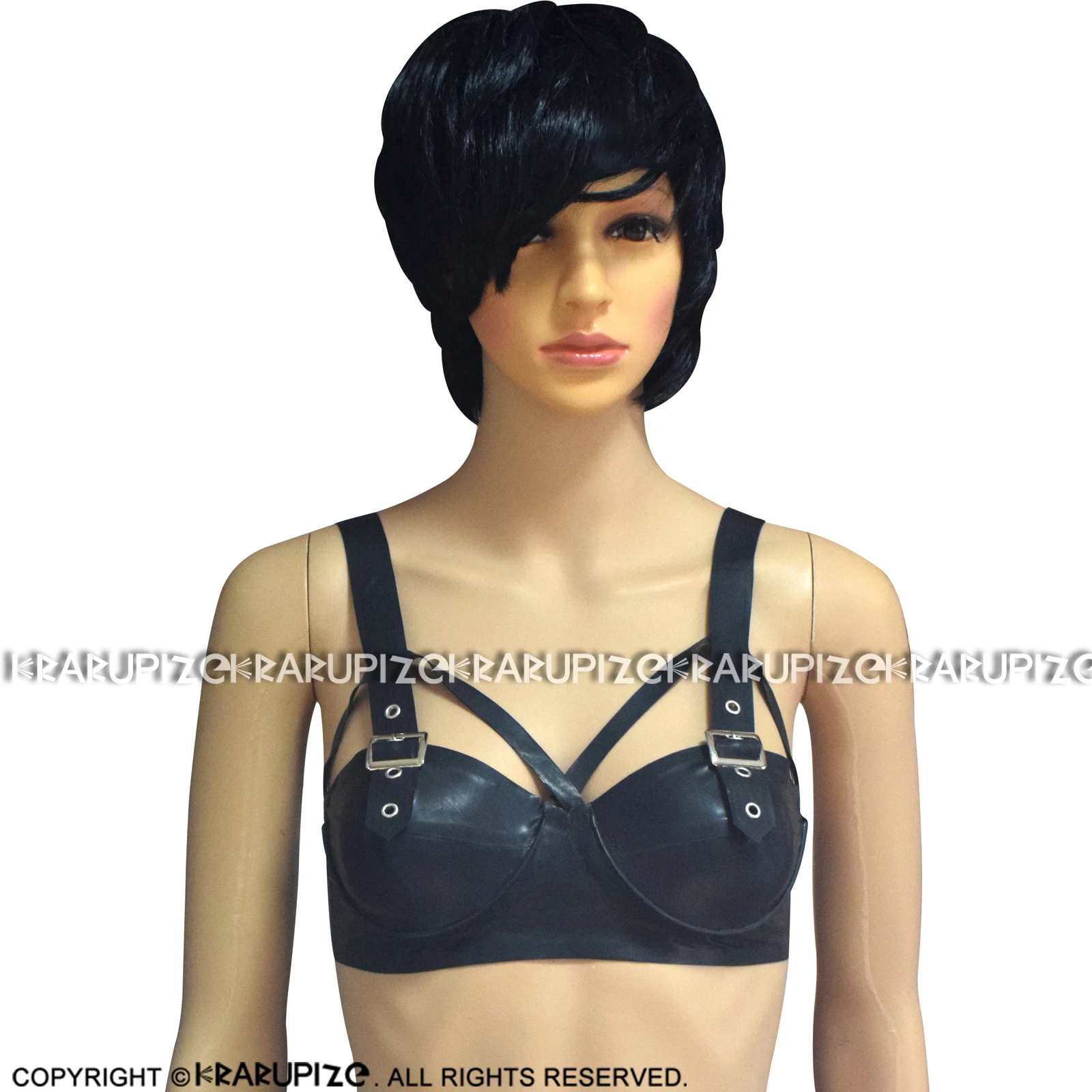 

Black Latex Bras With Belts In Front Button At Back Rubber Lingerie Brassieres 0029