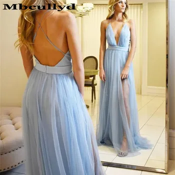 

Mbcullyd A Line Deep V Neck Prom Dresses Long 2020 Pink Tulle Formal Evening Dress Party Sexy Backless Cheap Vestidos De Gala