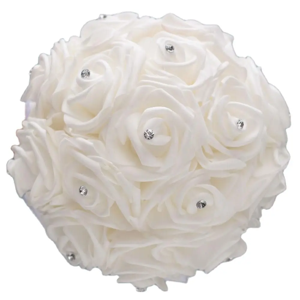 In Stock Pure White Diamond Ribbon Bouquet PE Flower Foam Wedding Bouquet Ivory Cream PE Rose De Mariage Wedding BouquetsW