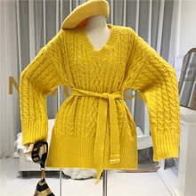 ^#Cheap V-Neck Vintage Women's Free Knitted Sweater Fall Winter 2019 New Items Orange Pink Green Yellow Sashes Women Long Sleeve Tops ^#Cheap V-Neck Vintage Women's Free Knitted Sweater Fall Winter 2019 New Items Orange Pink Green Yellow Sashes Women Long Sleeve Tops