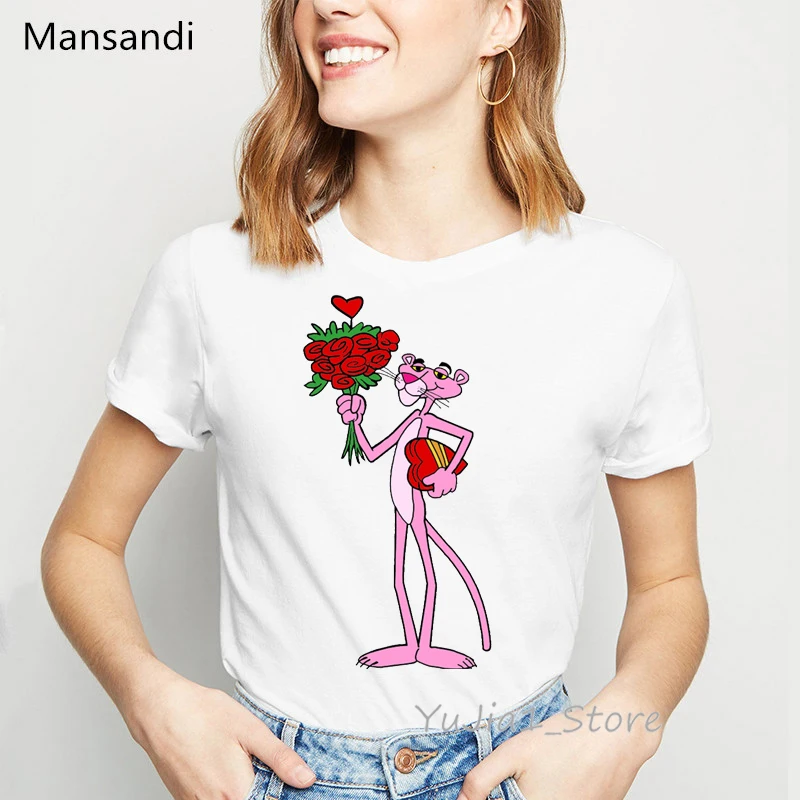Розовая футболка с принтом Пантеры и розами; футболки с графическим принтом; женские модные Забавные футболки; kawaii clothes tumblr tops tee shirt femme