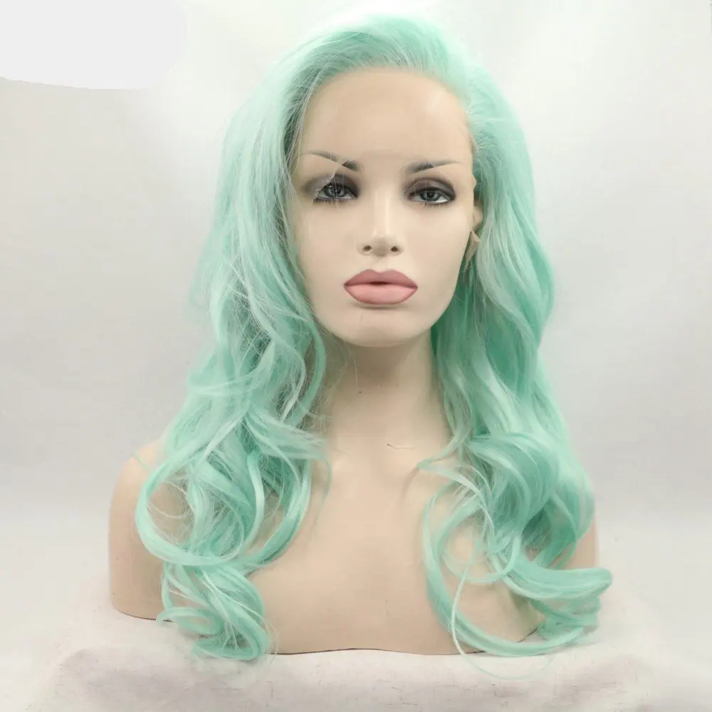 Синтетические парики длинной волны зеленый парика, устойчивая к высоким температурам волоконный кружева мятного, зеленого цвета передние парики для Для женщин