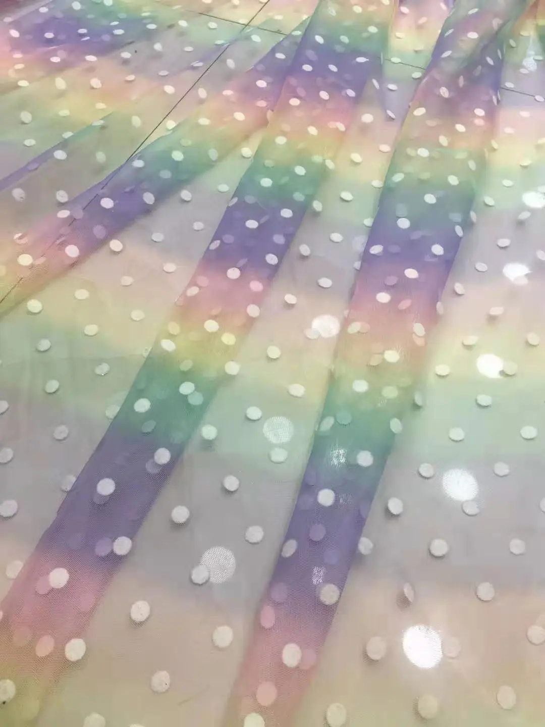 

Beautiful rainbow dots, soft American mesh, exquisite colorful lace fabric for children's skirt, stylish skirts