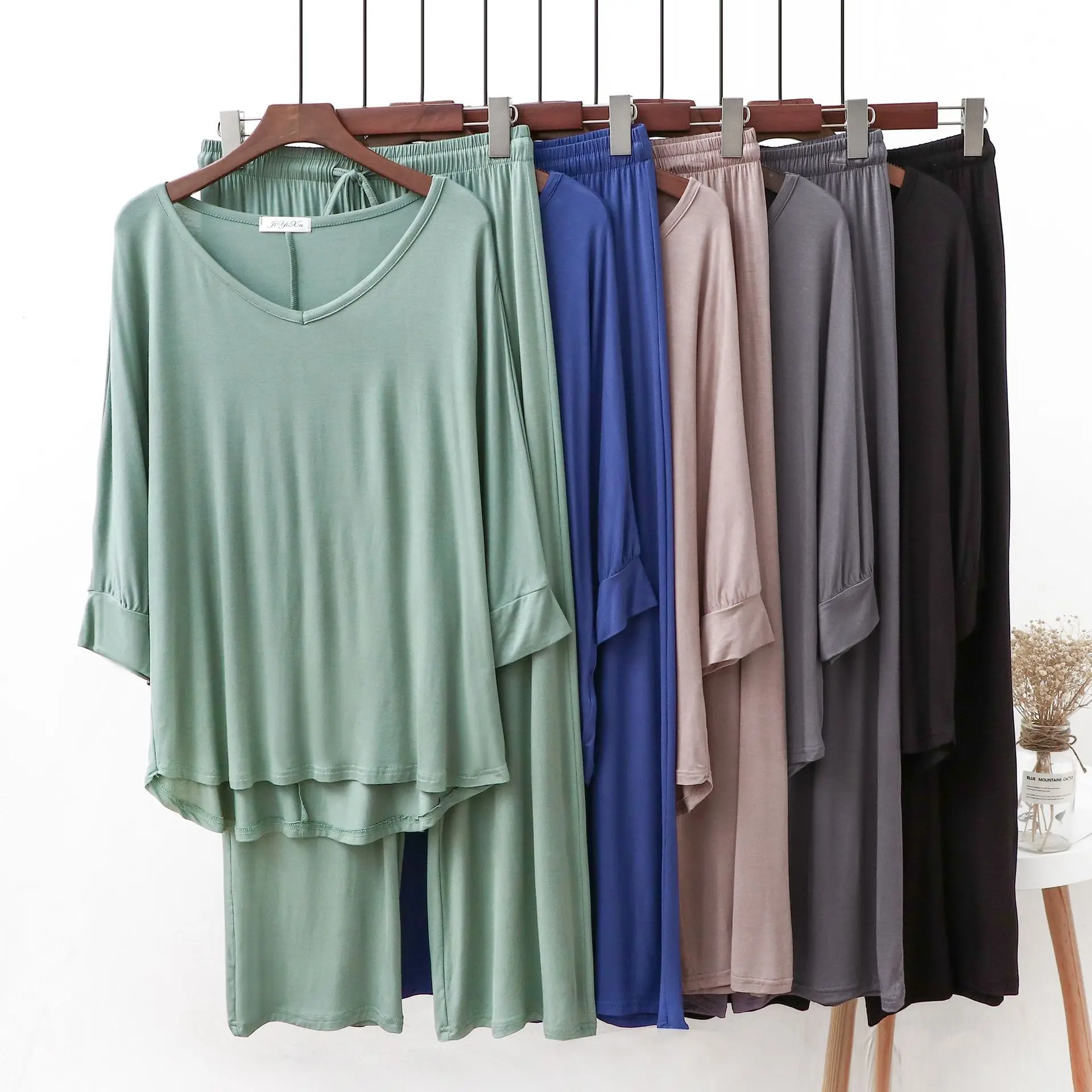 2 pieces set Buttflap Pajamas suit bat sleeve cotton v-neck elastic waist wide leg pants trousers soft home wear women pajamas set,women pajama suit,cotton pajamas set
