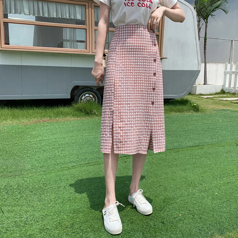 Женская клетчатая юбка в стиле Харадзюку летняя длинная юбка-карандаш с высокой