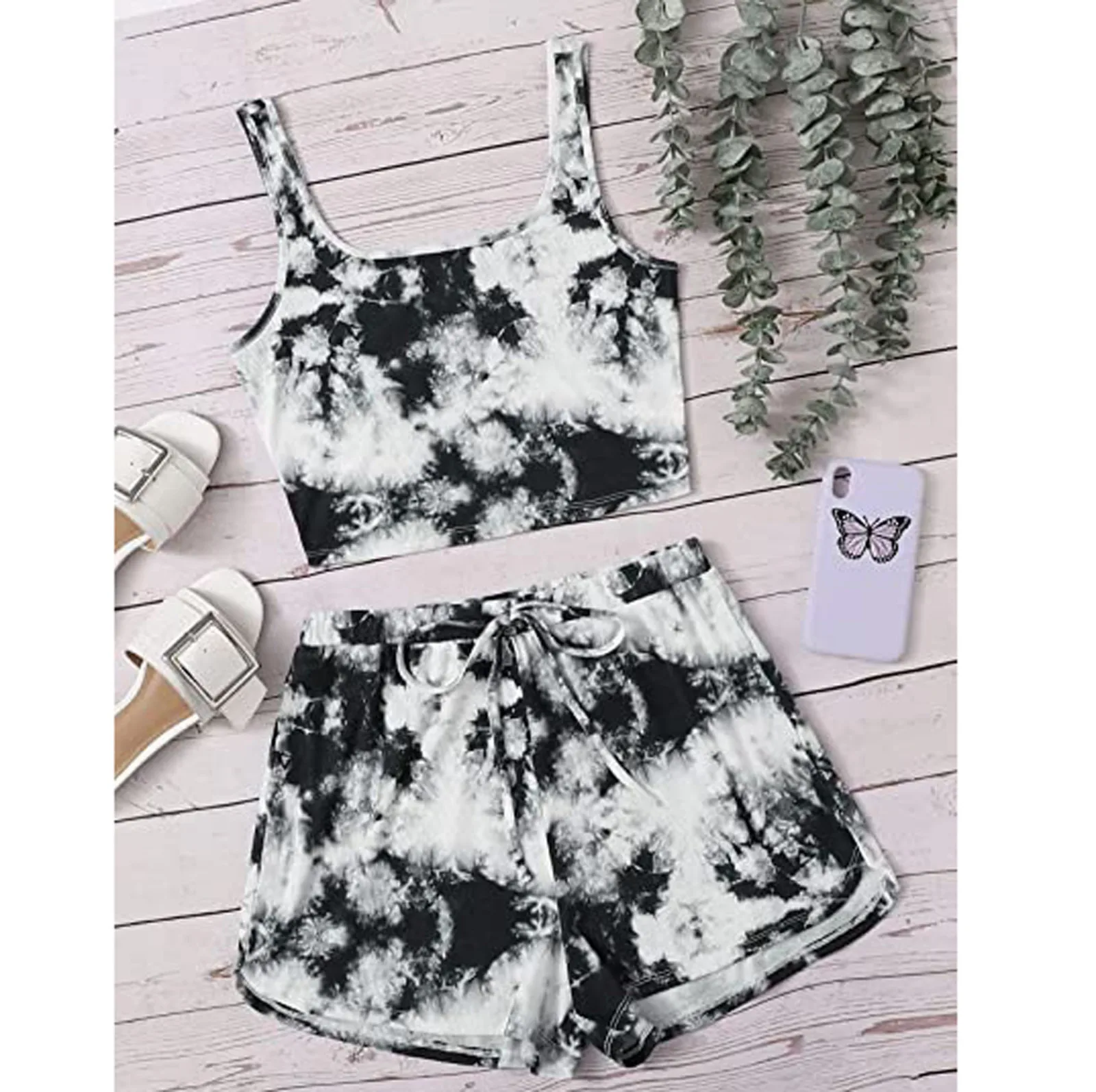Summer Short suit Women's Fashion Tie-dye Suit Two Piece Outfits Sleeveless Casual Cami Top and Shorts Set Sexy Outfit Party 1