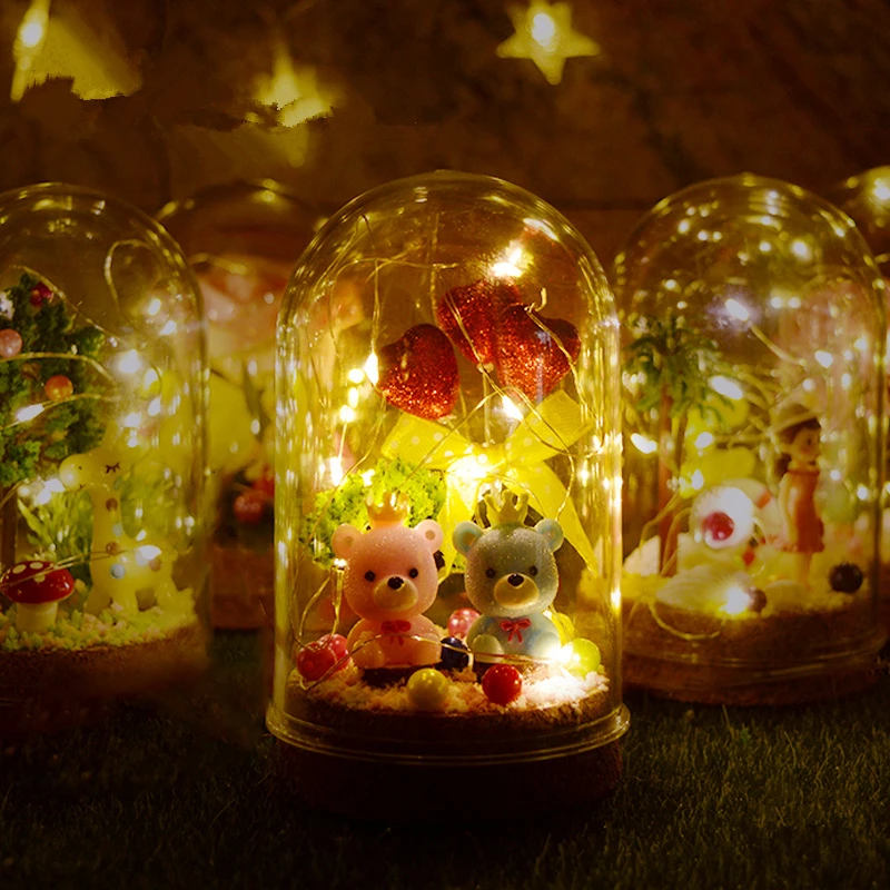 Дети DIY Стеклянная крышка лес микро-пейзажные игрушки набор хрустальный шар экологическая бутылка с украшение с огоньками головоломка игрушка, Новогодний подарок - Цвет: Bear