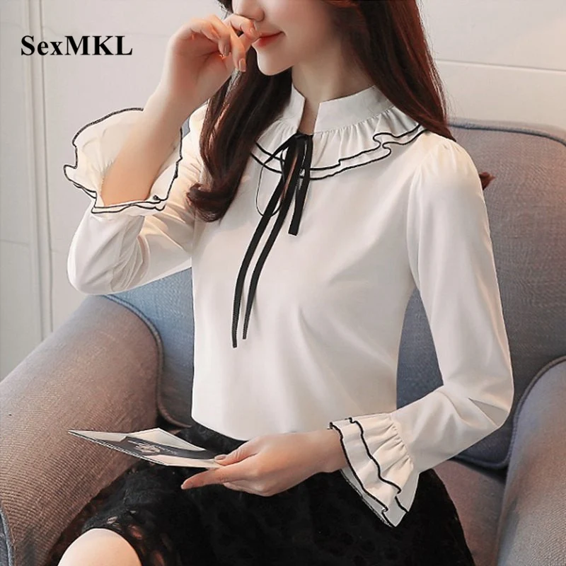 Blusas Femininas белая блузка с длинными рукавами 2019 женские осенние шифоновые блузки Корейская одежда сексуальные женские офисные рубашки топы