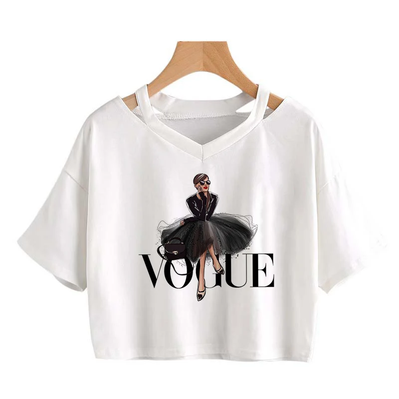 Camisetas Verano Mujer 2020 укороченный топ с v образным вырезом футболка принцессы принтом и