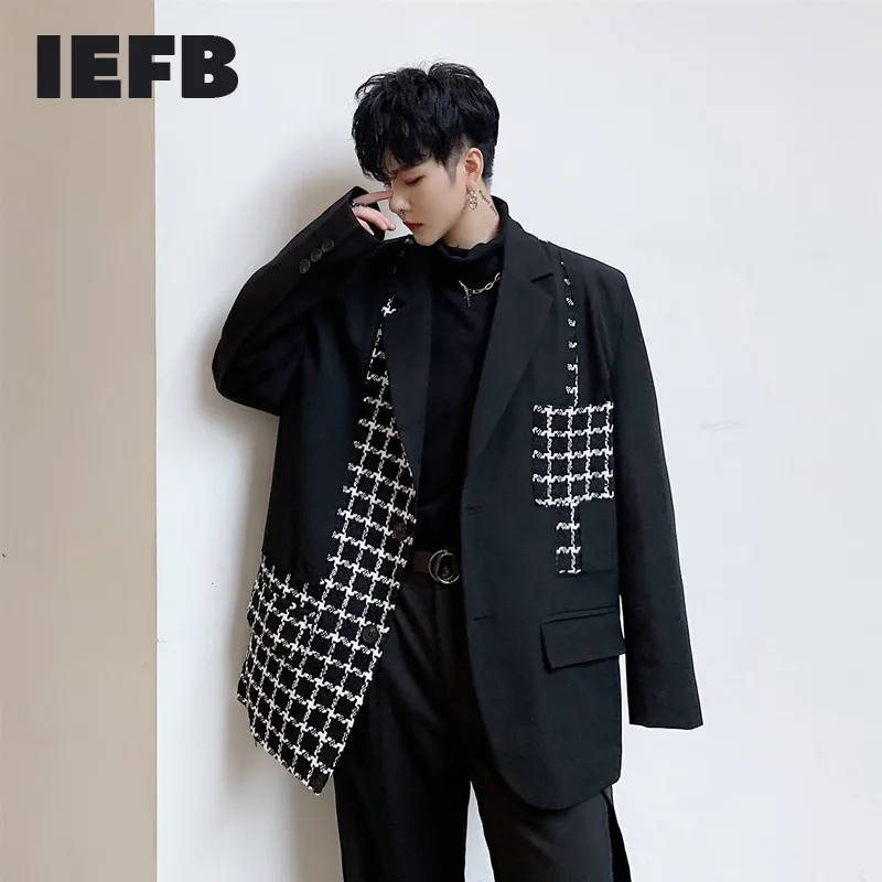 Blazer Jacket Oversize IEFB Coat Suit Asymmetric Patchwork Streetwear Black Mens Fashion