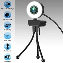 Novo 4k webcam 2k completo hd câmera web com microfone led luz de preenchimento usb web cam rotatable para computador portátil para youtube