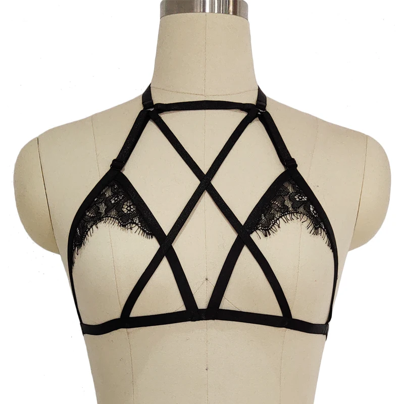 

Goth Sexy Lace Bra Open Chest Crop Top Bondage Lingerie Harness Woman Rave Body Cage Belt Lace Body Harness Punk Cage Bra