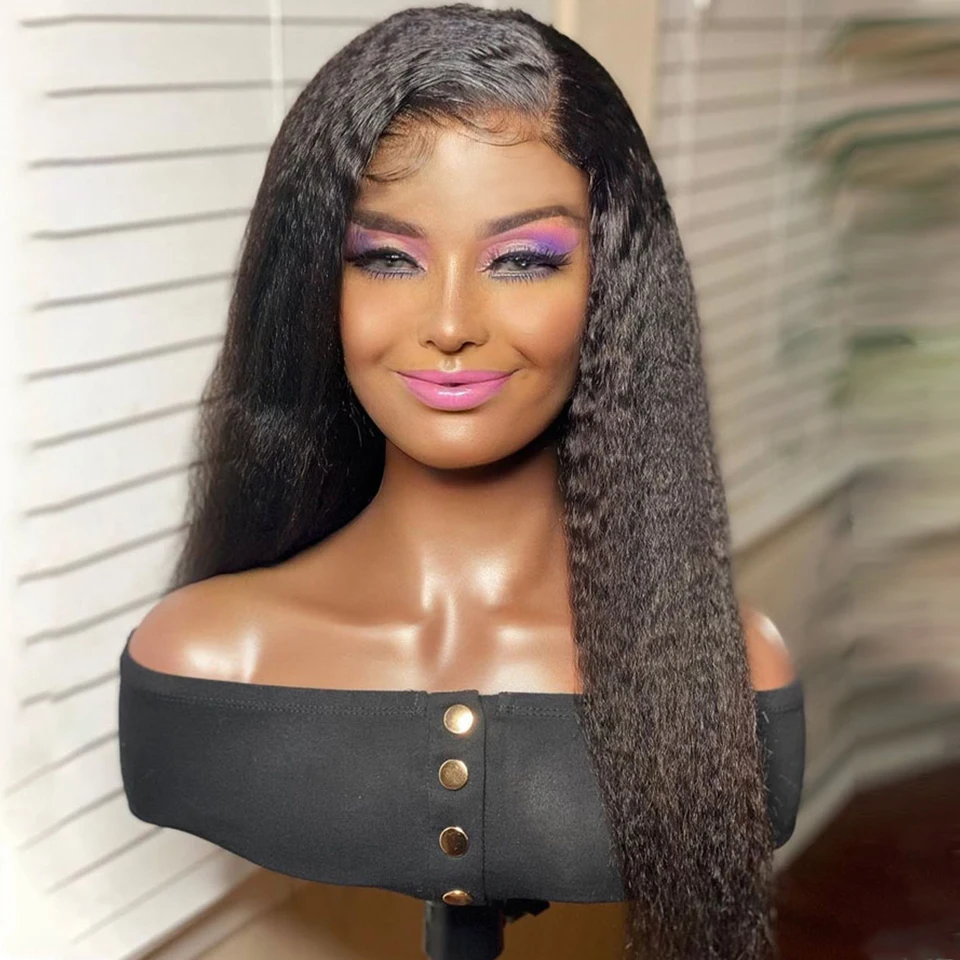 

Kinky Straight Synthetic Wig Medium Length With Straps For Women With Baby Hair Glueless High temperature Fiber Free Shipping