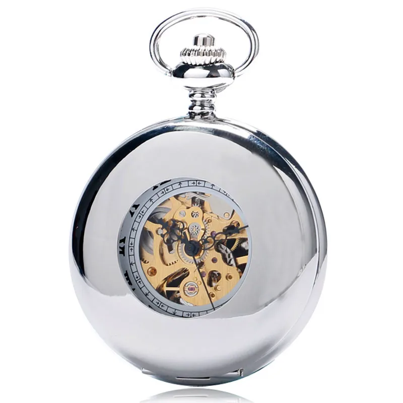 Silver Smooth Half Hunter Case Roman Numerals Display Unisex Handwinding Mechanical Pocket Watch Skeleton Pendant Chain Clock