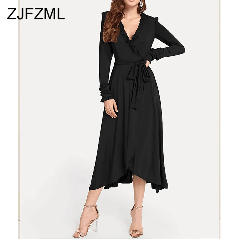 

Ruffles Splice Plus Size Maxi Office Dress Women V Neck Long Sleeve Elegant OL Lady Long Dress Sexy Side Split Belt Wrap Dress
