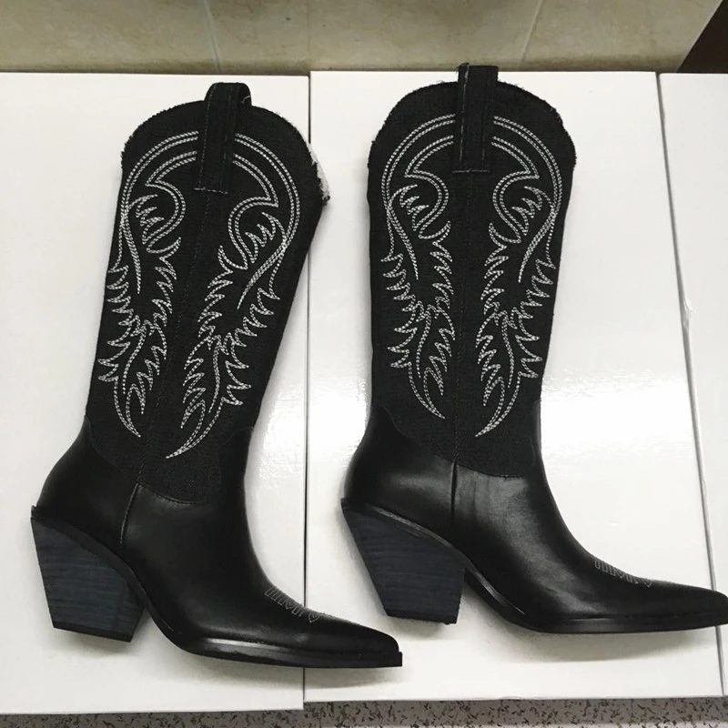 Botas Mujer; сапоги до колена из джинсовой ткани; женские мотоботы с вышивкой в стиле пэчворк; ботинки с Ковбой Западный цвет; цвет черный, бежевый