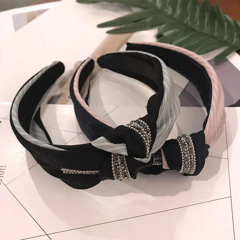 

Rhinestone Stripe Knotted Hairbands Headbands For Womens Girls Vintage Wide Side Splice Headband Makeup Hair Accessories