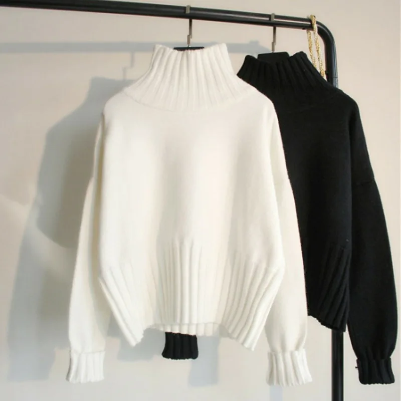 

Knitted Sweater Women Winter 2020 Korean Style High-Necked Pullover Loose Thick Sweaters Oversize Female Black White Turtleneck