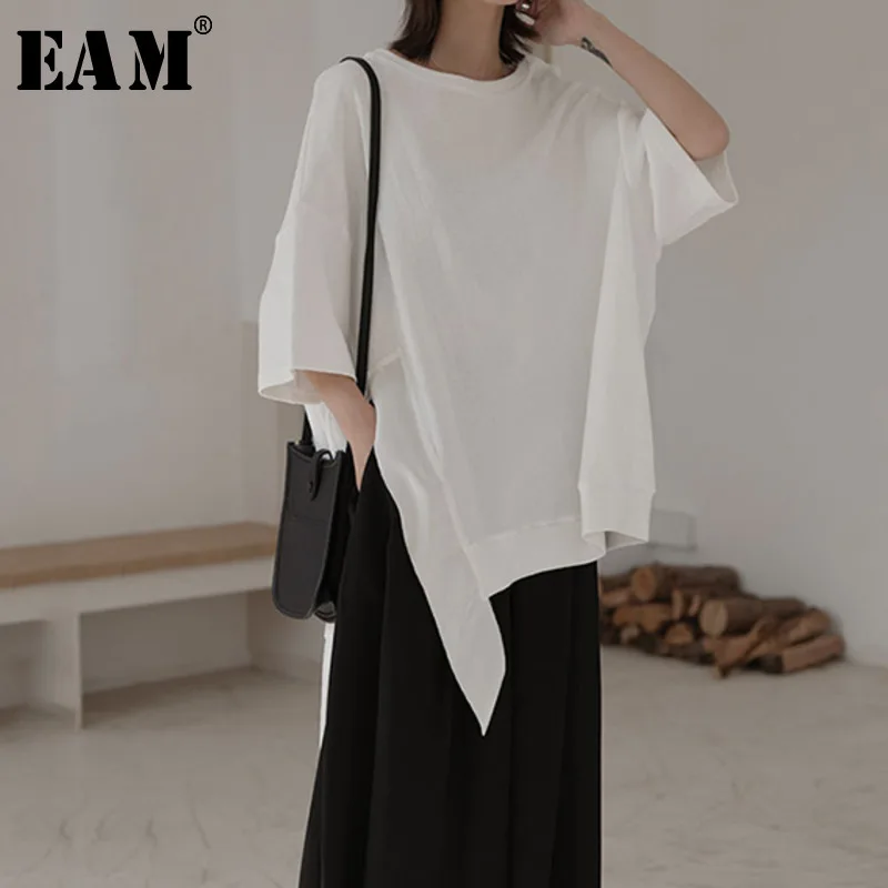 

[EAM] Women White Side Split Big Size Oversize T-shirt New Round Neck Three-quarter Sleeve Fashion Tide Spring Autumn 2019 1A578