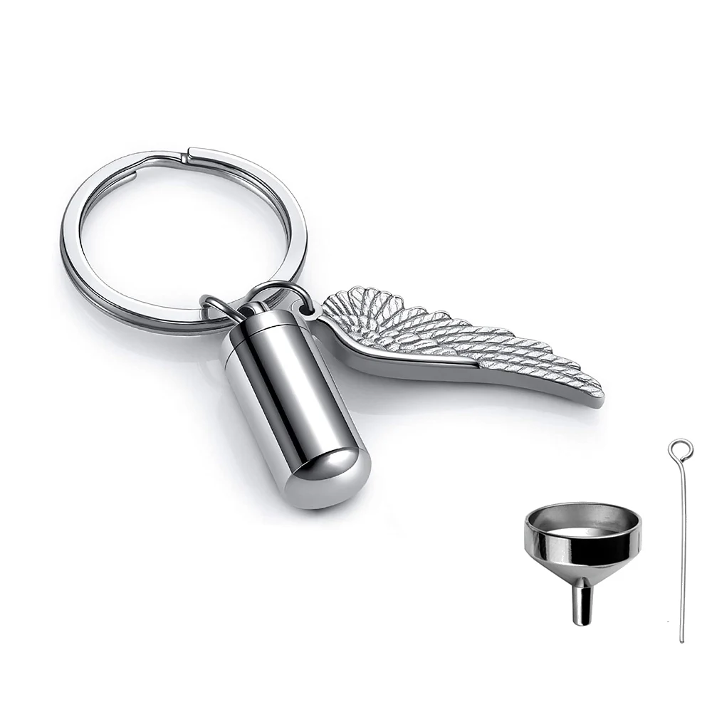 

Серебряный цилиндрический брелок из нержавеющей стали для пепла, украшения для кремации, с пеплом, с ангельскими крыльями, урна, сувенир, подарок