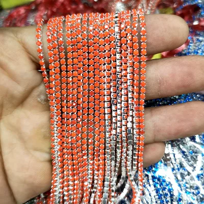1yard/piece 30colors glass crystal Rhinestone Chain,silver bottom sew on Cup Chains For diy Garment Bags decorations Porcelain red
