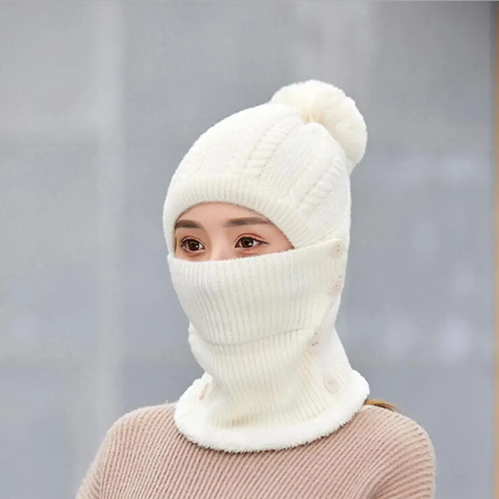 MISSKY Lady Warm One-piece Women Hat-Mask-Scarf Winter Thicken Knitting Wool Ball Riding Outdoor Beanies For Female - Цвет: white