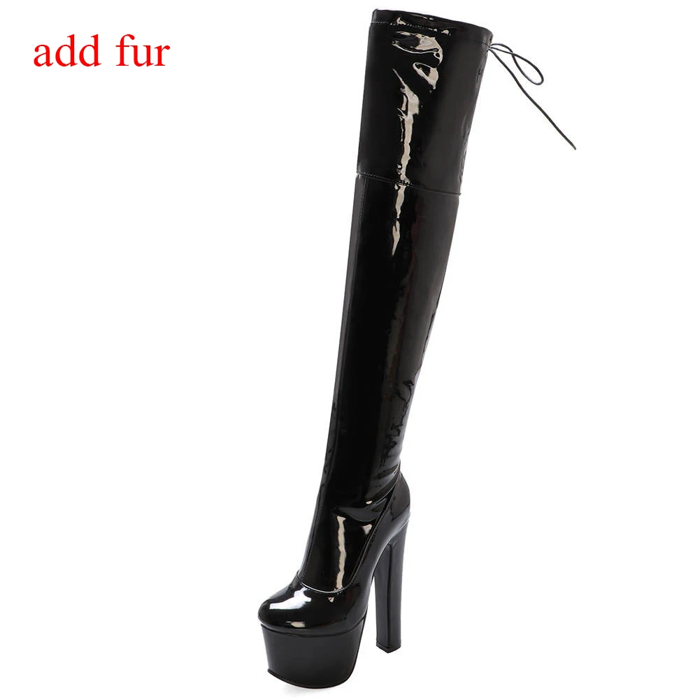 RIBETRINI Over The Knee Boots Women Vintage Square High Heels Round Toe Platform Shoes Woman Back Lace Up Patent Leather Boots - Цвет: black PU add fur