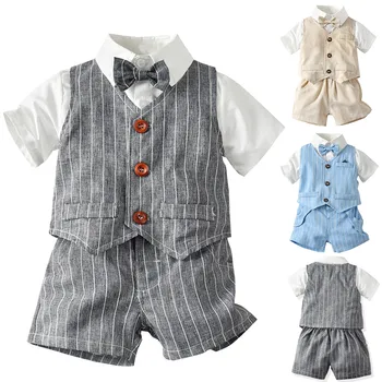 

2020 Baby Clothes Toddler Baby Boy Gentleman Bow Tie T-Shirt Plaid Striped Waistcoat+Shorts Outfit
