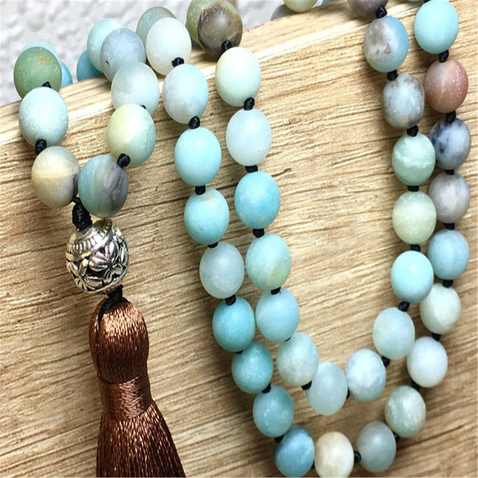 8mm Frosted Amazonite Gemstone 108 Beads Tassel Mala Necklace Buddhism Handcrafted Classic Lucky Handmade Cuff Wrist Prayer Yoga