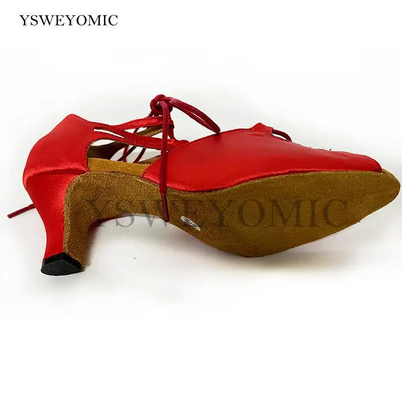 Professional Latin Ballroom Dance Shoes Women Girls Tango Salsa Meduim Heel 2inch Red Satin Indoor Latin Bachata Dancing Shoes