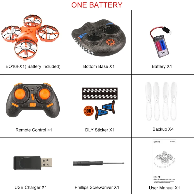 Eachine E016F 3-в-1 EPP летающее воздушная лодка Land режим вождения Съемный один ключ возврата RC Quadcopter RTF детские игрушки - Цвет: One Battery