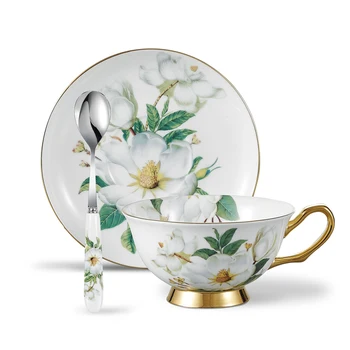 

Panbado Camellia Pattern European Style Bone China Porcelain Coffee Cup High Grade Afternoon Tea Cup Set with Saucer&Spoon