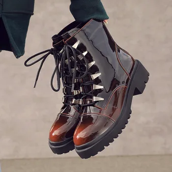 

YMECHIC Combat Leather Ankle Boots for Women 2019 New Autumn Winter Lace Up Platform Biker Punk Booties Chunky Heels Shoes Women