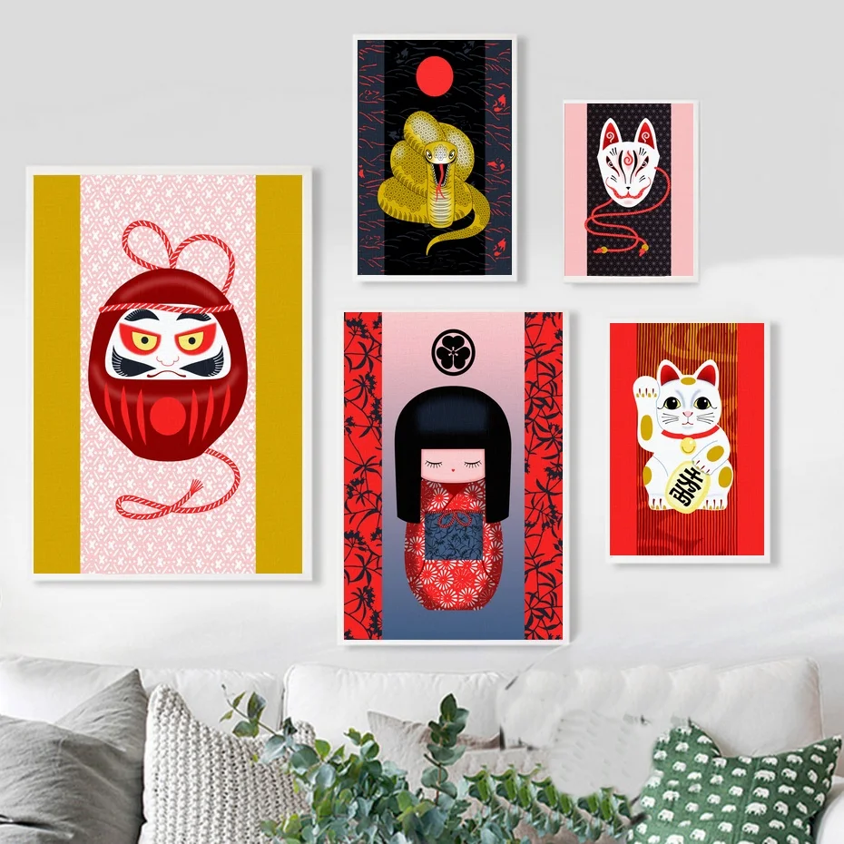 Абстрактный японский самурай Kokeshi Манеки Neko традиционная искусственная живопись