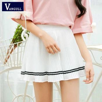 

Vangull White College style Pleated Mini skirt with shorts High elastic waist short skirt Slim Casual Sweet Basic Chiffon skirt