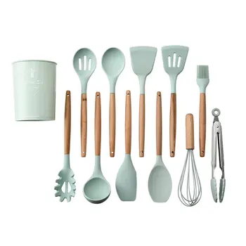 

Silicone Kitchenware Set With Wooden Handle Bpa Free Friendly Dealing With Non Stick Surfaces Tool Green 11 Pcs/Set