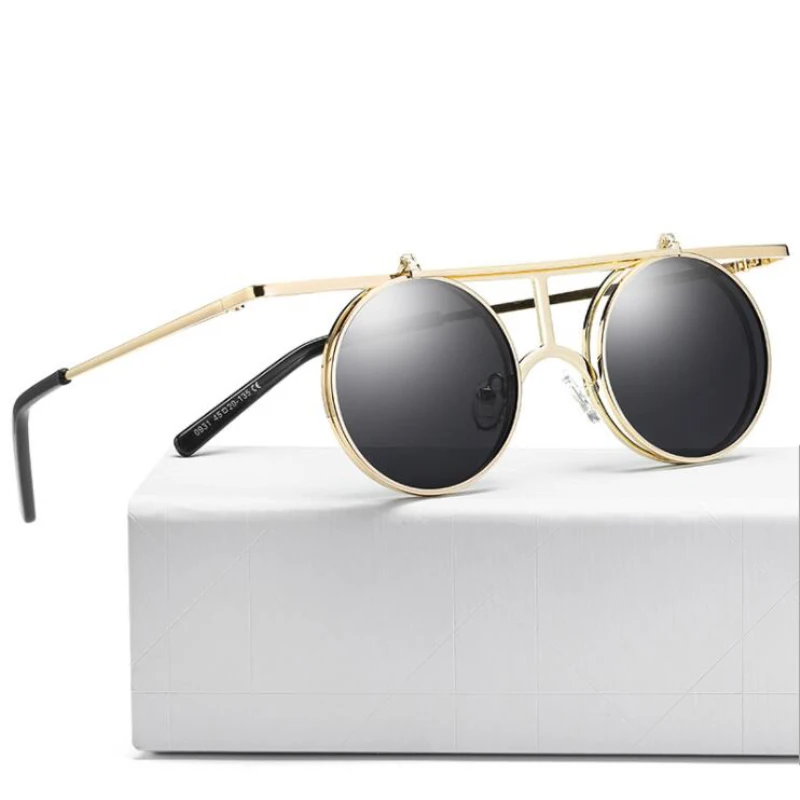 

Rosscacx Designer Punk Sunglasses Men Vintage Round steampunk Flip Up Sunglasses Punk Design Retro Sun Glasses Oculos