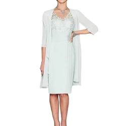 With Jacket Mother Of The Bride Dresses Sheath V-neck Knee Length Chiffon Appliques Short Groom Mother Dresses For Wedding