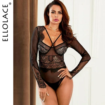 

Ellolace Sexy Lace Long Sleeve Bodysuit Women Deep-V Body See Through Overalls Mesh Bodycon Rompers Female New Babydoll Lingerie