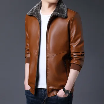 

2020 Men's Brushed and Thick Fur Collar Short Winter Leather Youth Plain Casual PU Leather Jacket