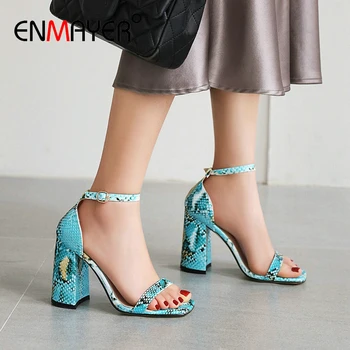 

ENMAYER Solid PU Buckle Strap Women Sandals Synthetic Ankle-Wrap Party High Heels Classics Square Heel Serpentine Womens Shoes