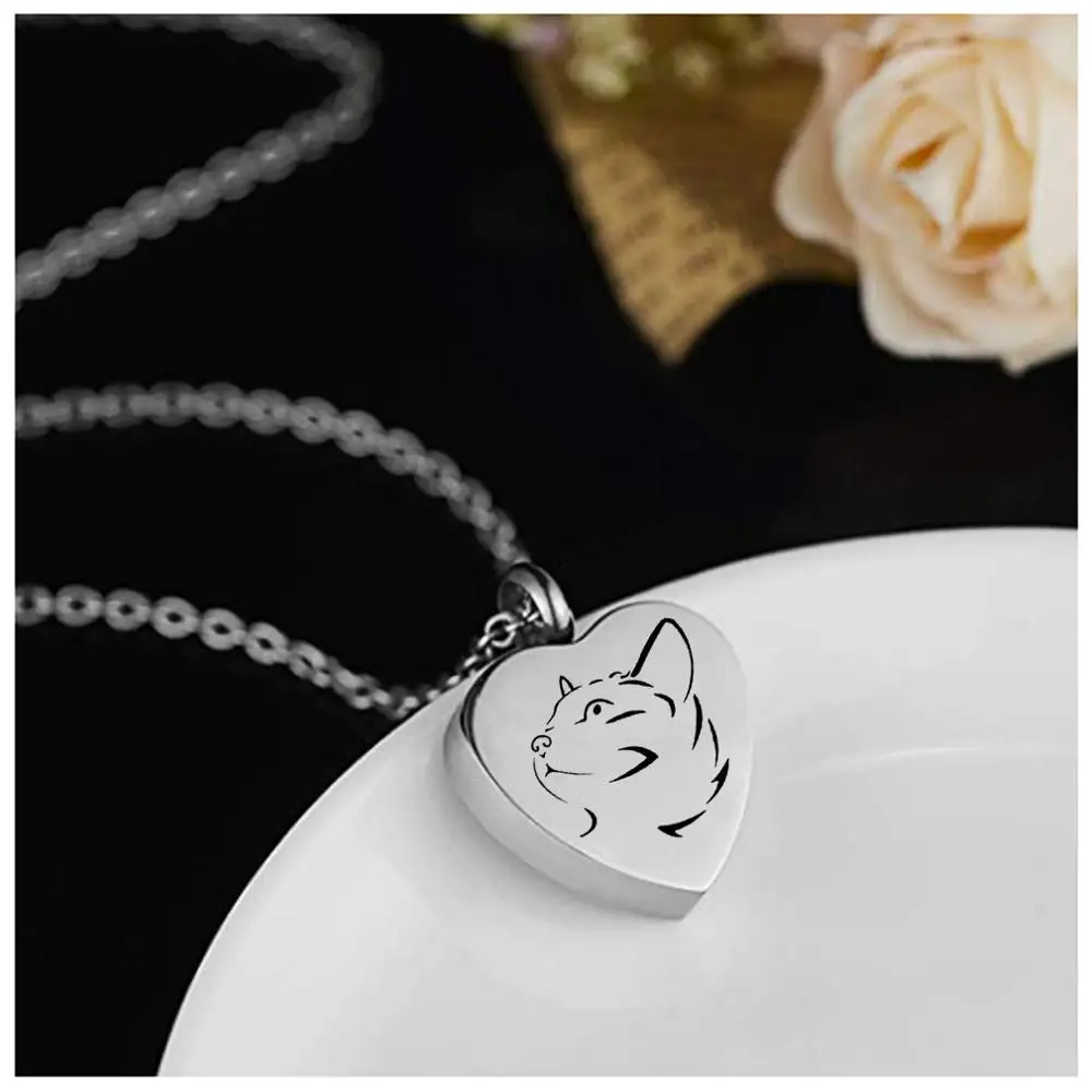 Stainless Steel Cat Memorial Heart Pendant , Pet Paw Print Urn Necklace For Ashes Cremation Jewelry Suit of Gift Velvet Bag
