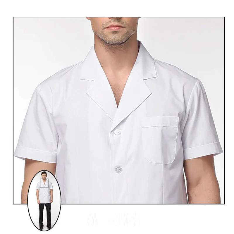 Мужское белое медицинское пальто, одежда для медицинского обслуживания, Униформа, одежда для медсестер, короткий рукав, полиэстер, защита, лабораторные пальто, одежда
