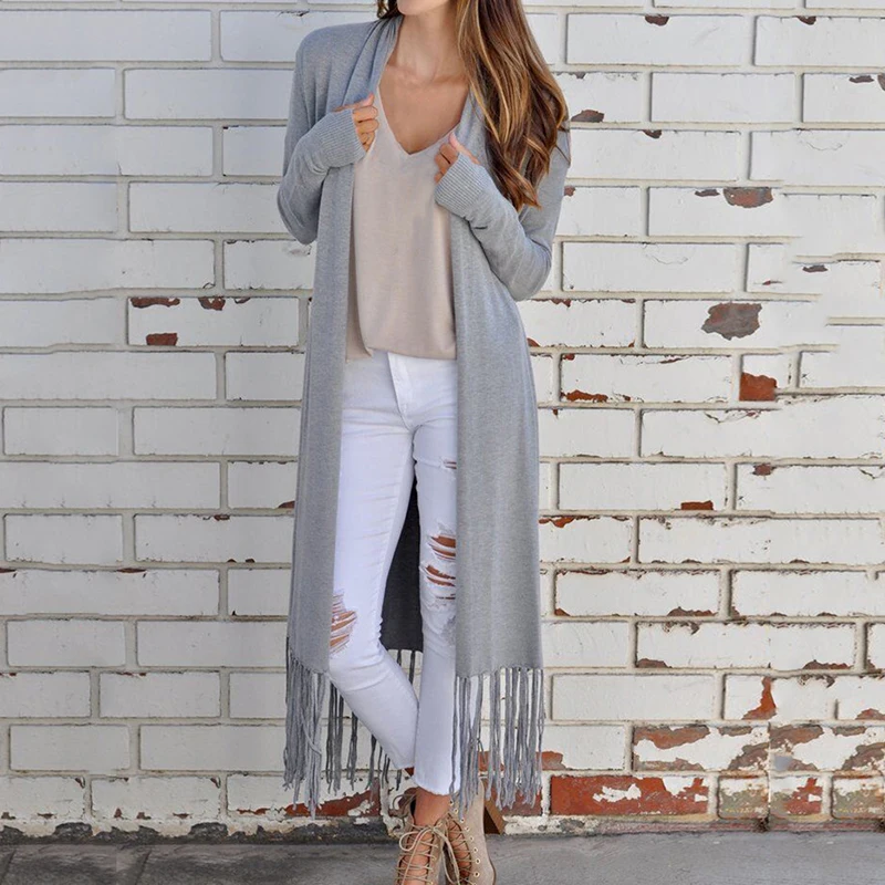 Женское однотонное длинное пальто плащ с кисточками с длинным рукавом вязаный кардиган пальто женская рубашка мм