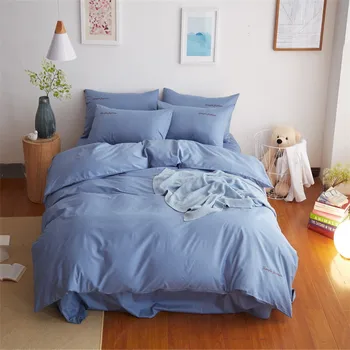 

Letter embroidery bedding set simple solid duvet cover flat fitted sheet pillowcase king queen adult 100%cotton bedding textile