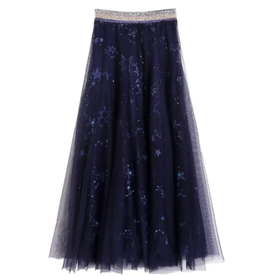 New without Star Sky Sequins Heavy Industries Embroidery Elastic waist Medium length Mesh Half length Skirt - Цвет: see chart