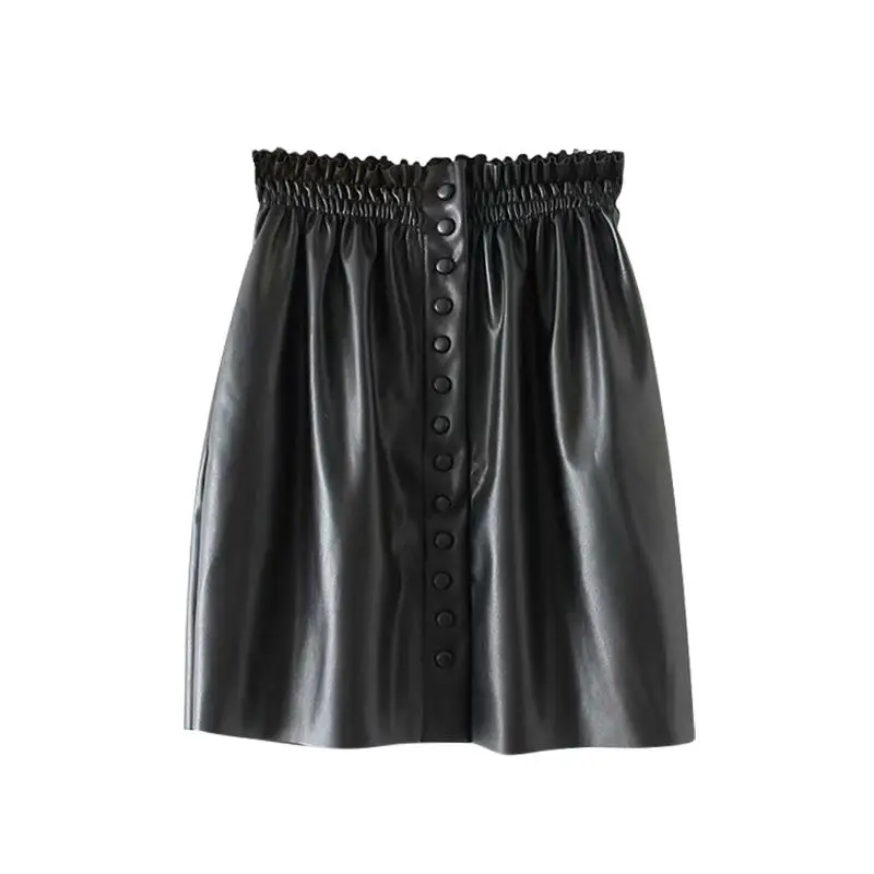 Женские мини-юбки черного цвета из искусственной кожи, плиссированные стильные эластичные женские юбки на талии, Элегантные Женские однотонные юбки из искусственной кожи