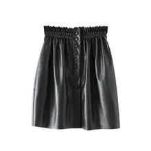 Женские мини-юбки черного цвета из искусственной кожи, плиссированные стильные эластичные женские юбки на талии, Элегантные Женские однотонные юбки из искусственной кожи