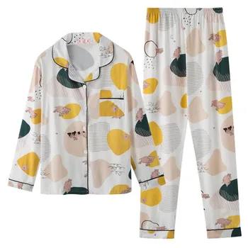 

2020 Autumn Winter New Pajamas Set Women's Print Flowers Long-sleeved Thin Women Sleepwear Sweet Korean Home Wear Pyjamas Set