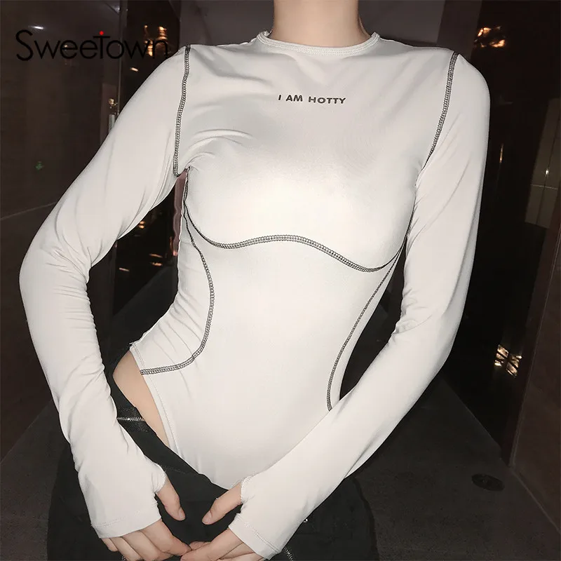 

Sweetown Print Long Sleeve Bodysuit Women Line Trace Contrast Color Body Suits Slim Sexy Basic Bodycon Bodysuit Autumn Winter
